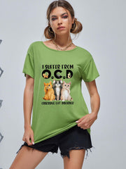 Cat Graphic Casual Tee Round Neck Summer Top Women's Shirts
