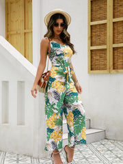 Boho Tropical Print Wide Leg Jumpsuit V Neck Sleeveless Tank Jumpsuit