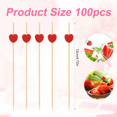 100pcs Red Heart Cocktail Picks Bamboo Skewers for Party Food Drinks