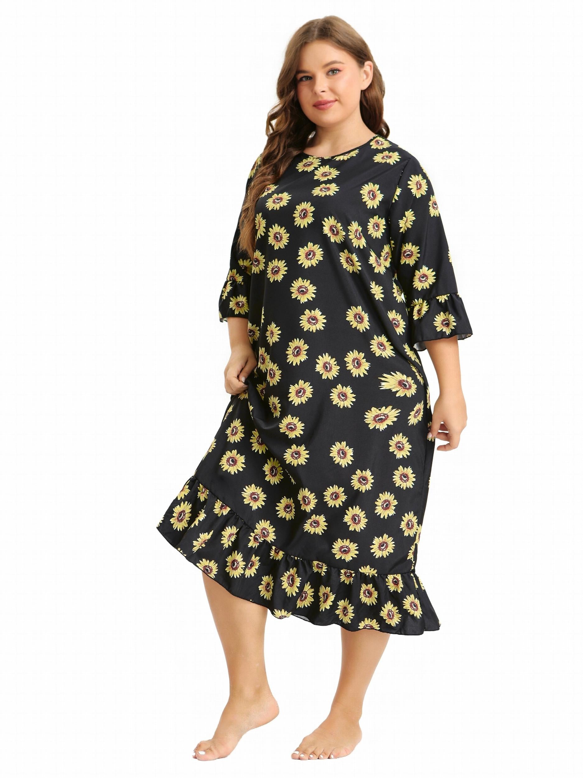 Sunflower Print Ruffle Trim Sleep Dress
