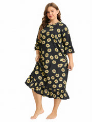 Sunflower Print Ruffle Trim Sleep Dress