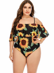 Sunflower Print Off Shoulder Ruffle One Piece Swimsuit