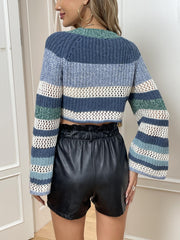 Hollow Out Block Knit Sweater Casual Crew Neck Long Sleeve