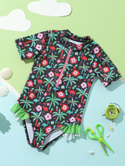 Flamingo & Flowers Graphic Short Sleeve Swimsuit