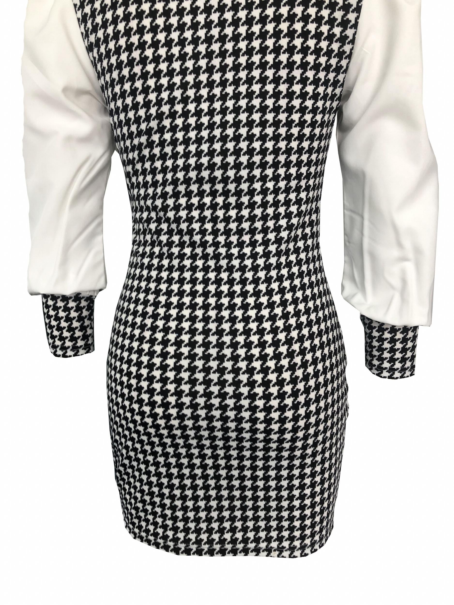 Houndstooth Print Bodycon Long Sleeve Dress