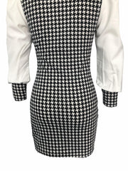 Houndstooth Print Bodycon Long Sleeve Dress