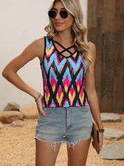 Geometric Print Cross V Neck Tank Top Summer Sleeveless