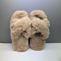Women's Cross Straps Plush Slippers Open Toe Cozy Indoor Shoes