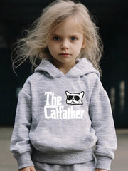 Kid's The Cat Father Print Hoodie & Pants Set, Sporty Clothes