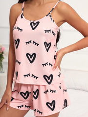 Heart Print Pajama Set Cami Top & Shorts Women's Sleepwear