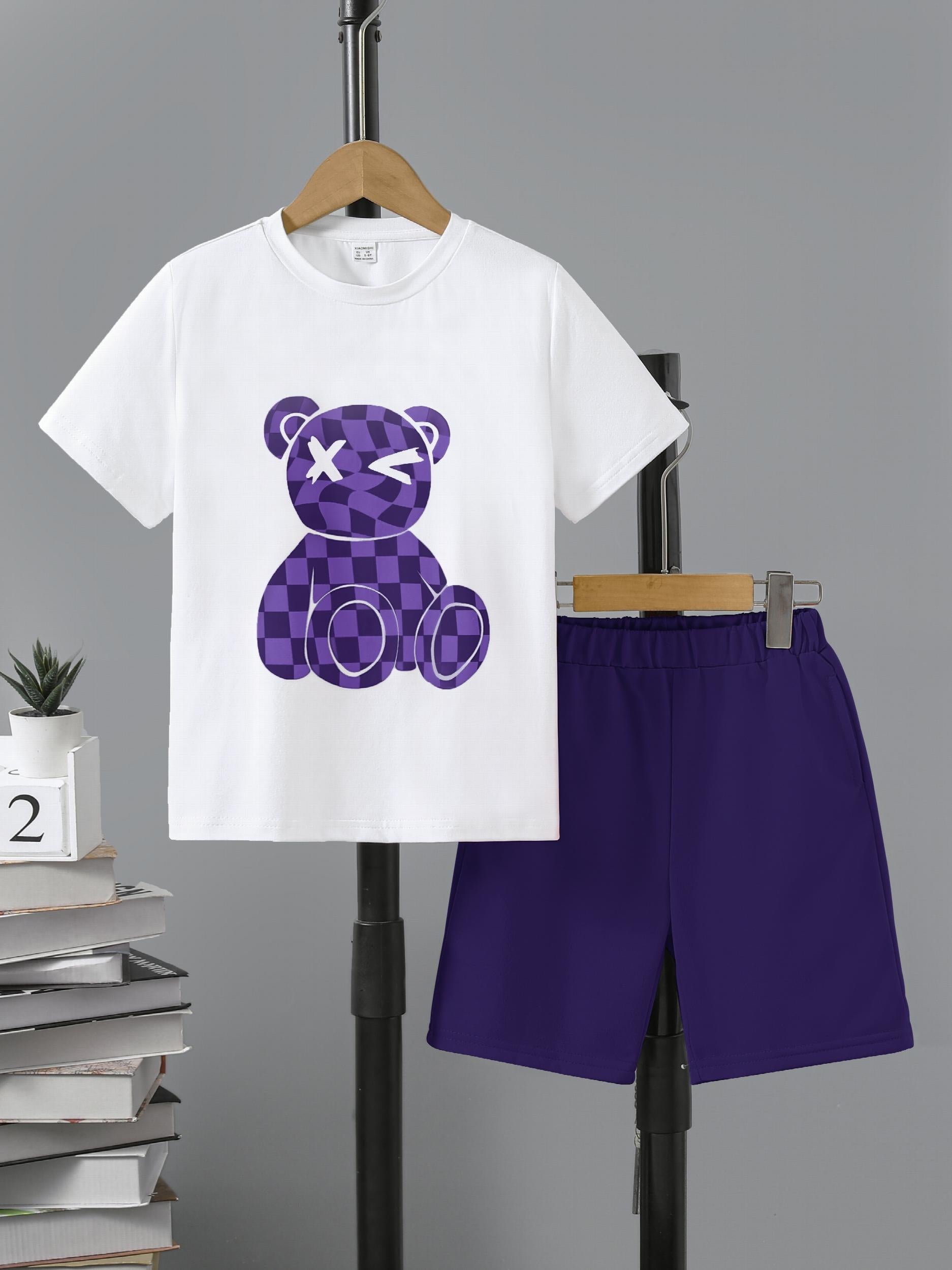 Boys Plaid Bear Graphic Casual Outfit T shirt & Shorts Summer Clothes Sets