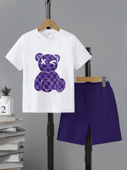 Boys Plaid Bear Graphic Casual Outfit T shirt & Shorts Summer Clothes Sets