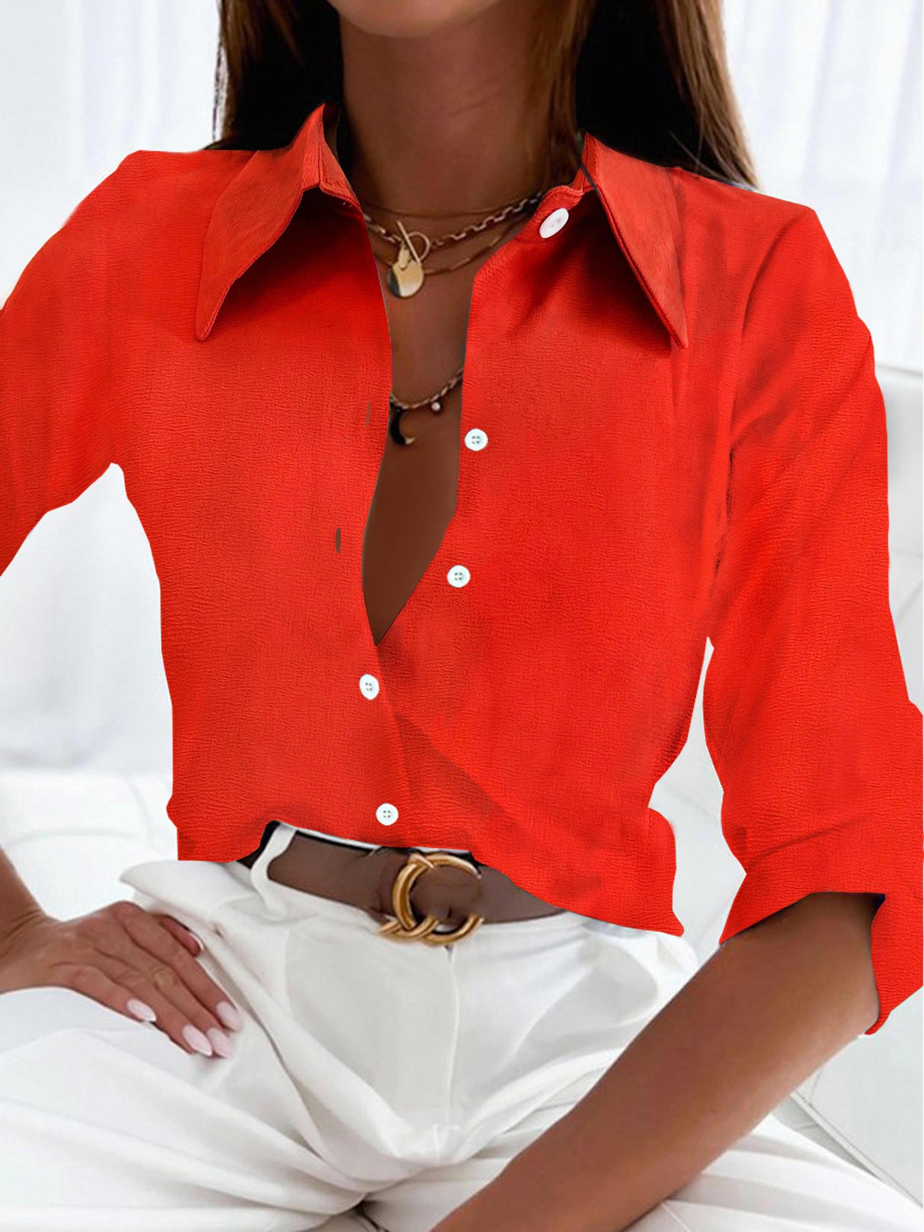 Casual Blouse Women's Plus Solid Button Up Long Sleeve