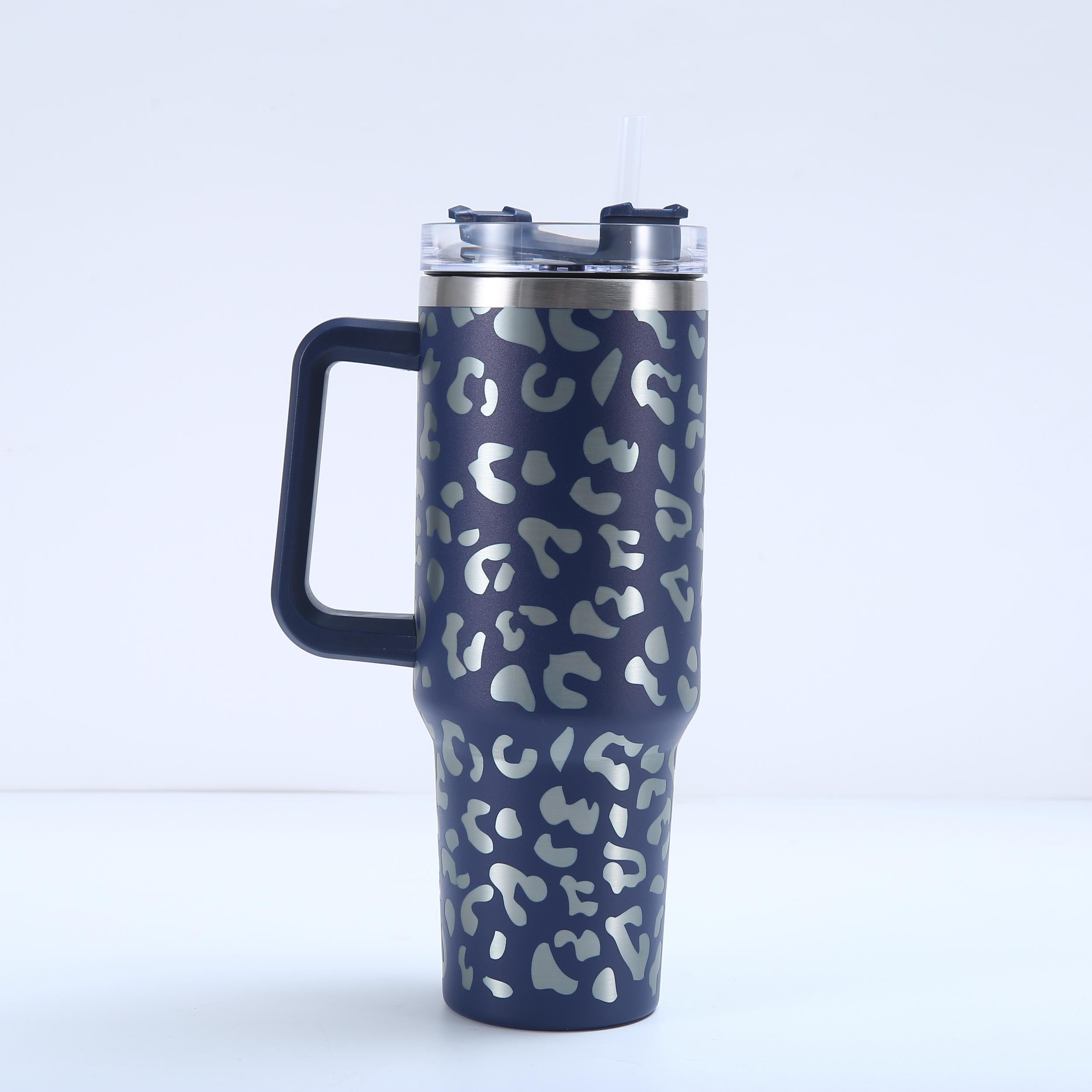 40oz Leopard Print Car Cup Handle Straw Cup Vacuum Tumbler