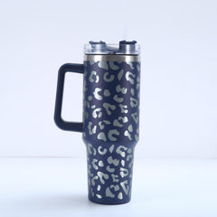 40oz Leopard Print Car Cup Handle Straw Cup Vacuum Tumbler