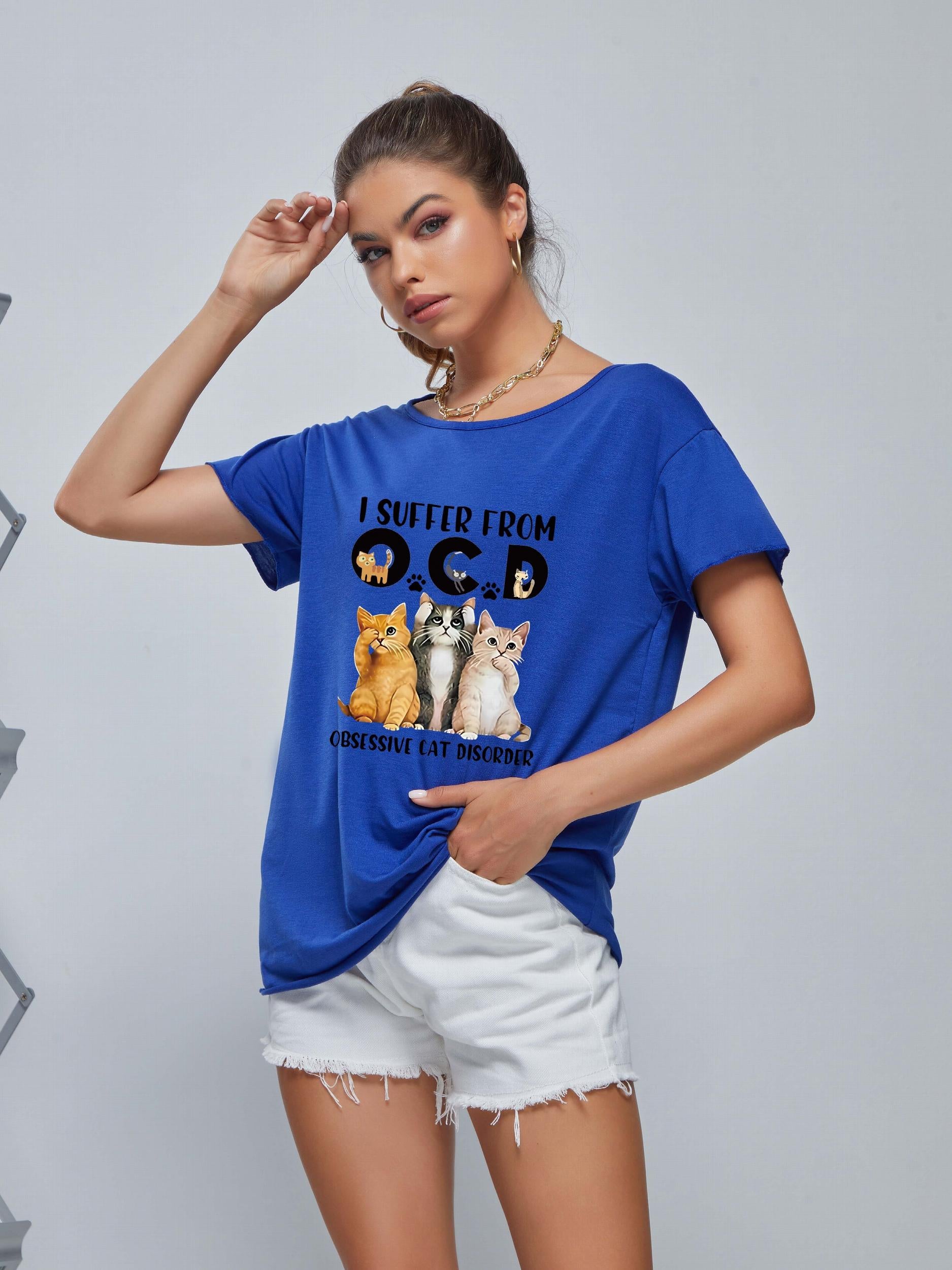 Cat Graphic Casual Tee Round Neck Summer Top Women's Shirts