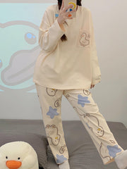 Duck Print Pajama Set Long Sleeve Top & Elastic Waistband Pants