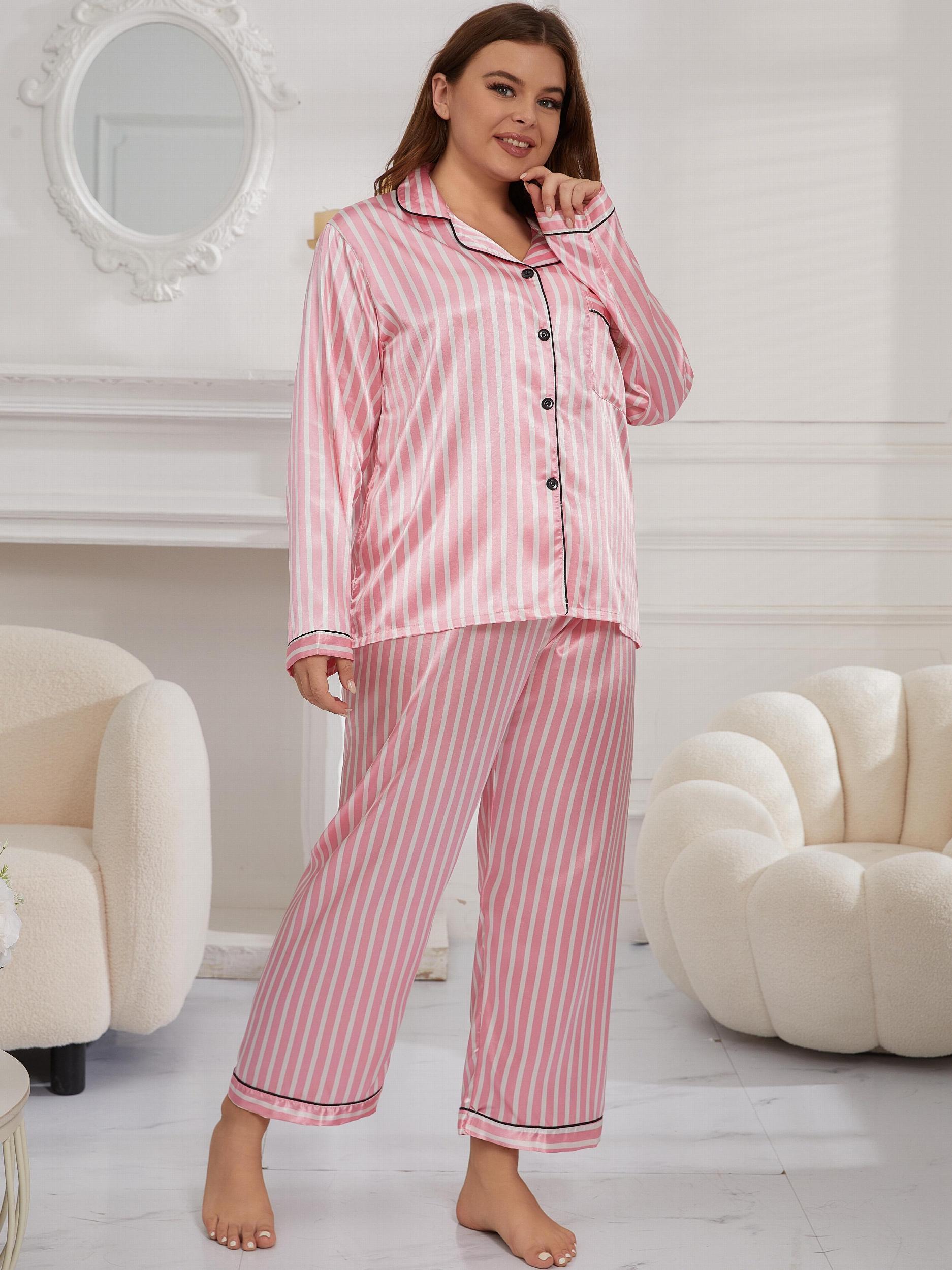 Striped Satin Pajama Set Long Sleeve Button Shirt & Pants Lounge 2 Pie