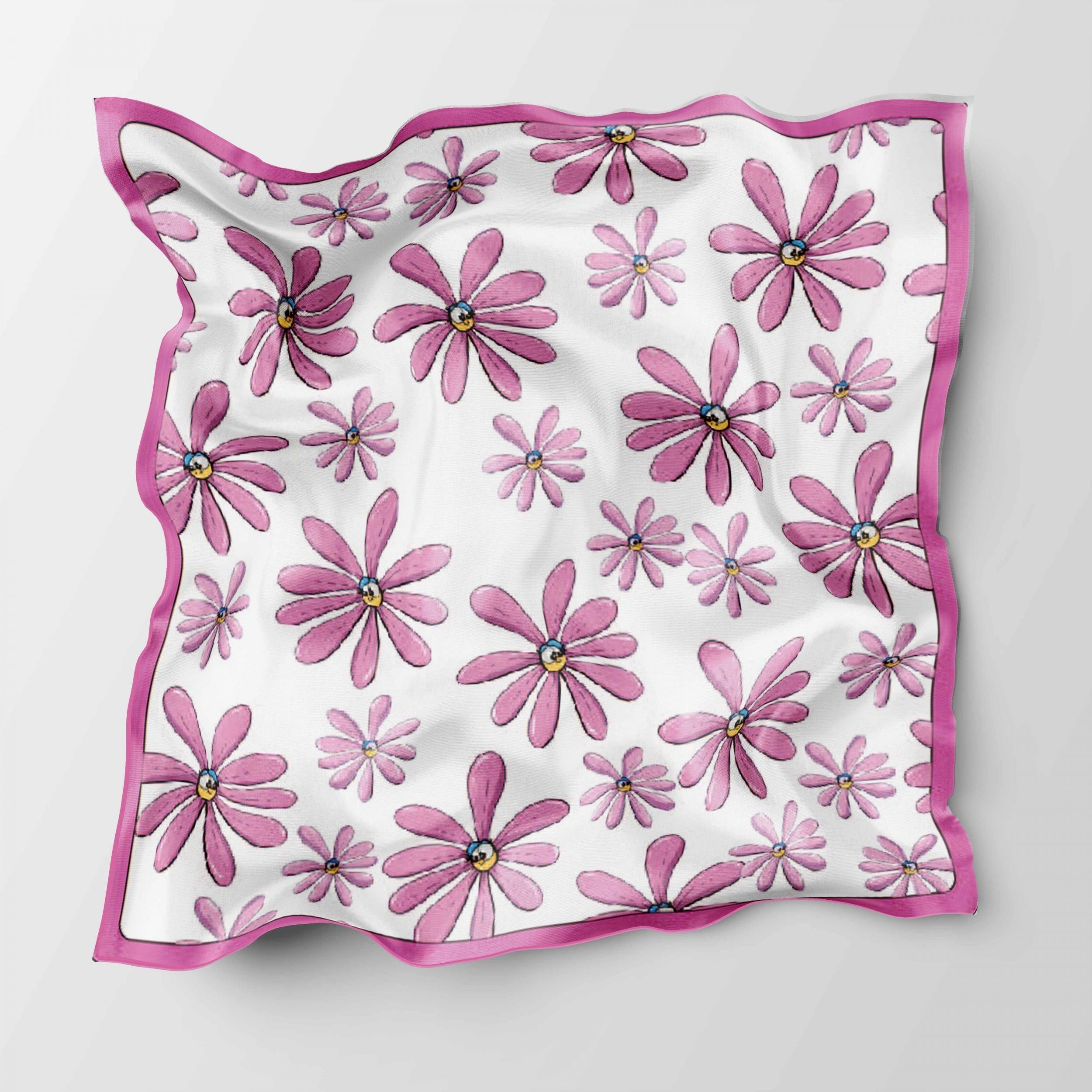 Pink Flower Print Bandana Boho Square Scarf Headband For Women