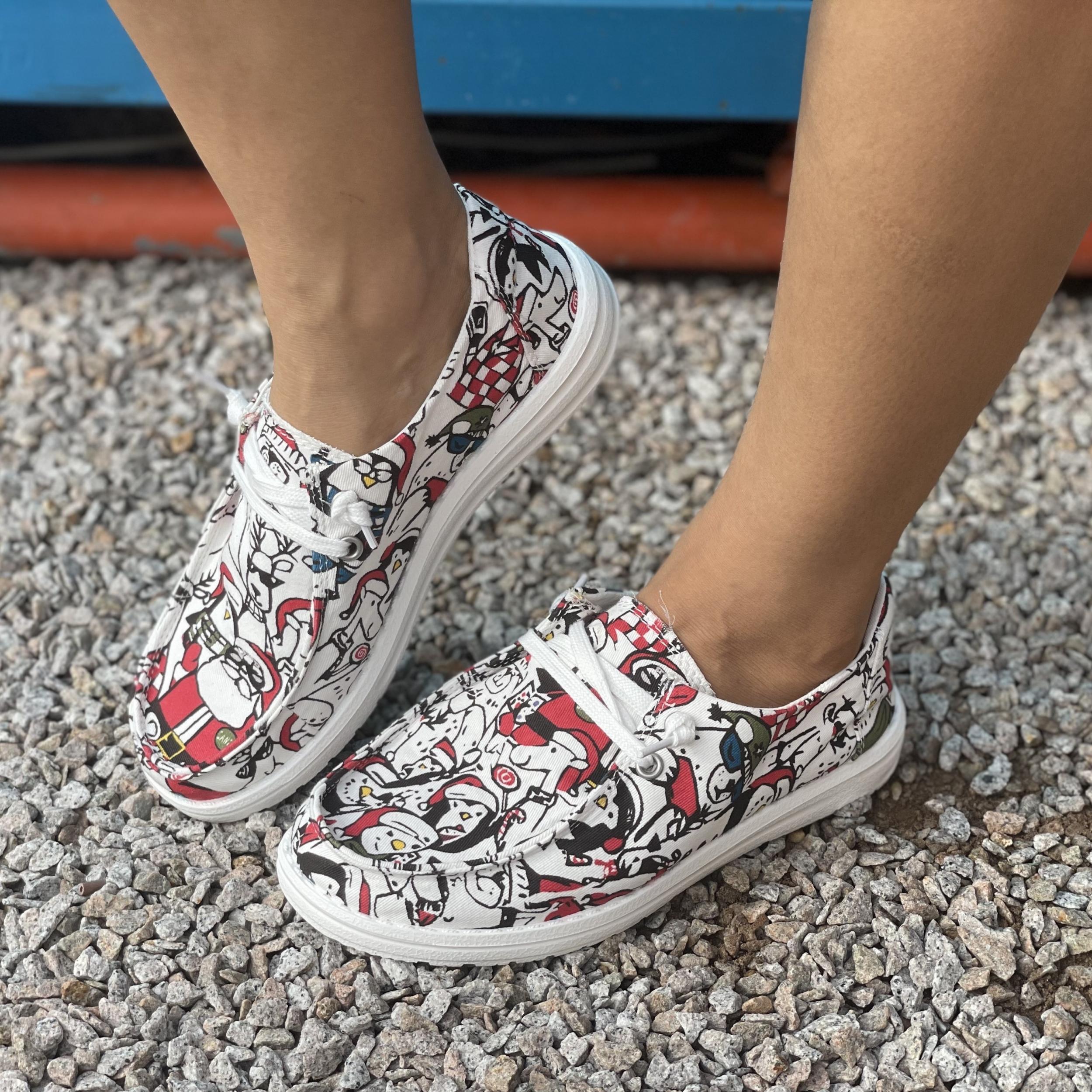 Women's Christmas Pattern Canvas Shoes Casual Slip On Lightweight Shoes