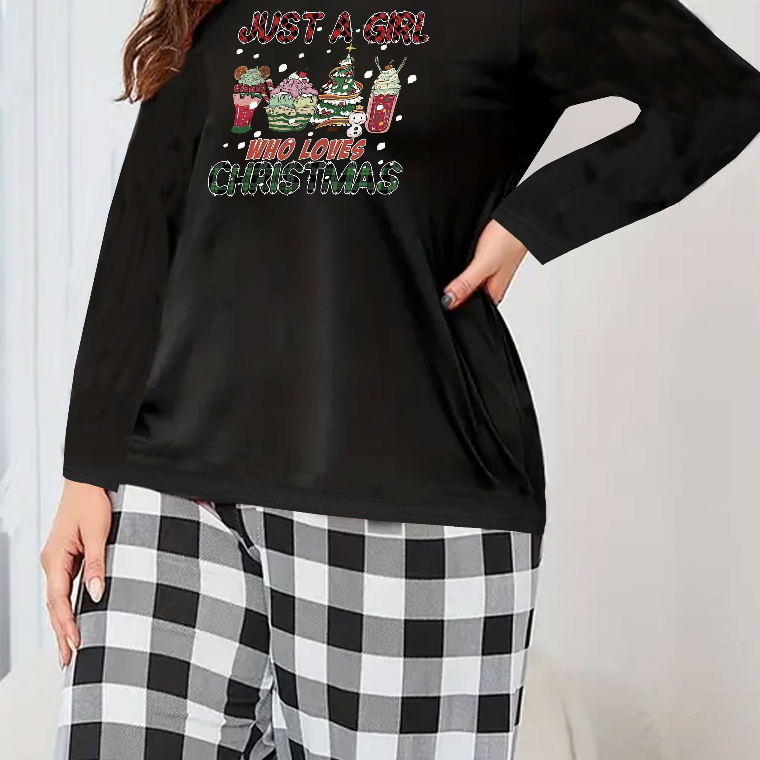 Women's Plus Christmas Lounge Set Long Sleeve Tee & Plaid Pants Pajamas
