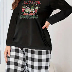 Women's Plus Christmas Lounge Set Long Sleeve Tee & Plaid Pants Pajamas