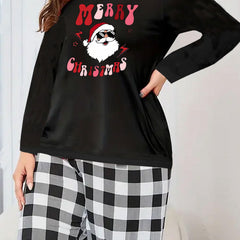 Santa Claus Print Long Sleeve Tee & Plaid Pants Pajamas Set