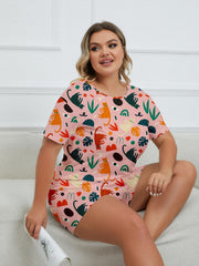 Cat & Leaf Print Tee & Shorts Pajama 2 Piece Set