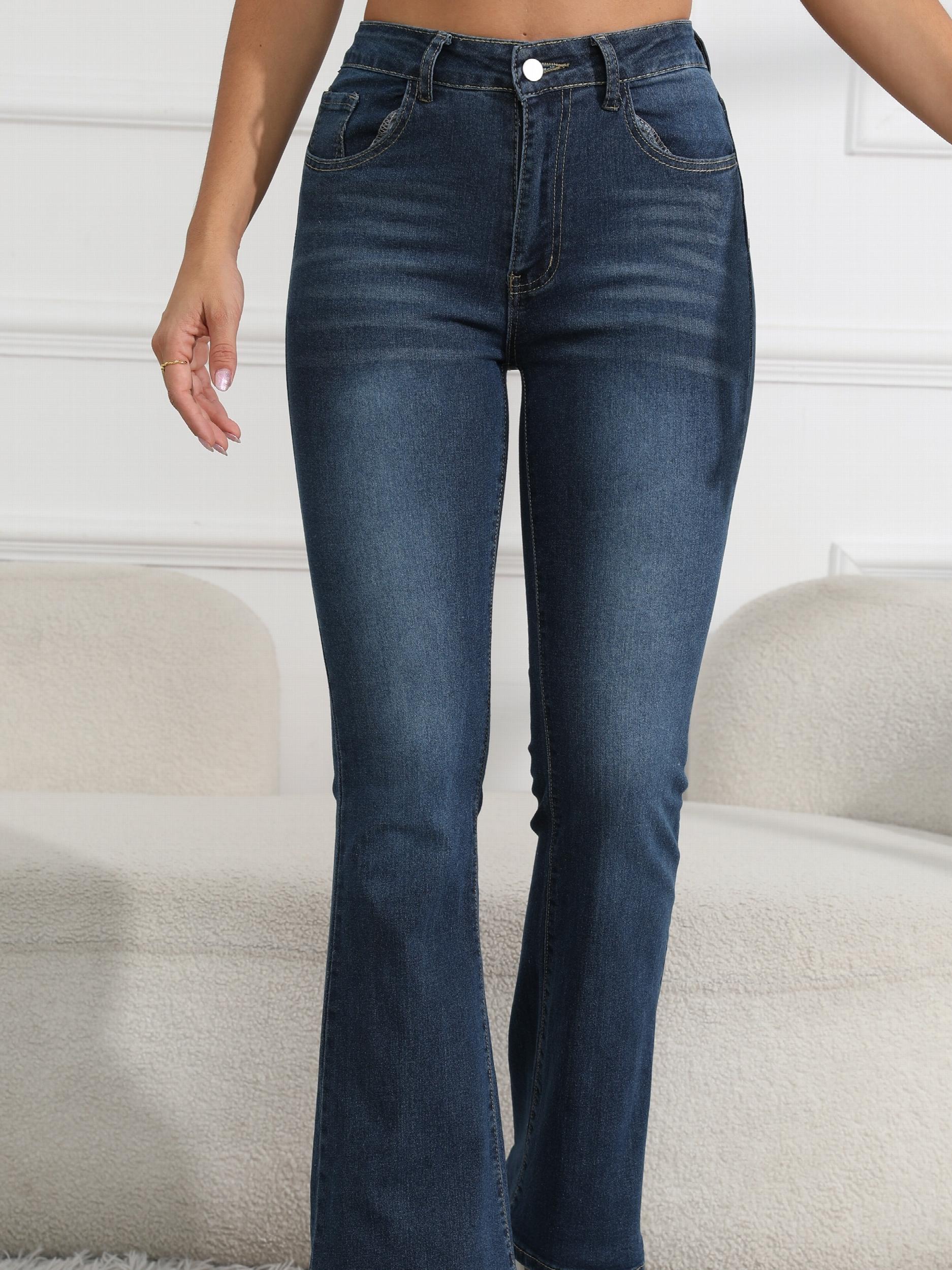 Dark Flared Jeans Bell Bottom Slash Pockets Wide Legs Denim Pants
