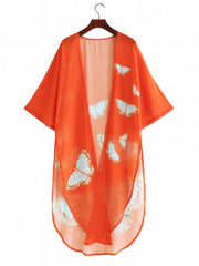 Orange Butterfly Print V Neck 2 Piece Beachwear Knot Front Kaftan Pants