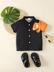 Cartoon Bear Graphic Button Down Tee Top for Baby Boys