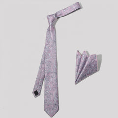 Purple Paisley Jacquard Tie Set & Lapel Pin Brooch & Handkerchief
