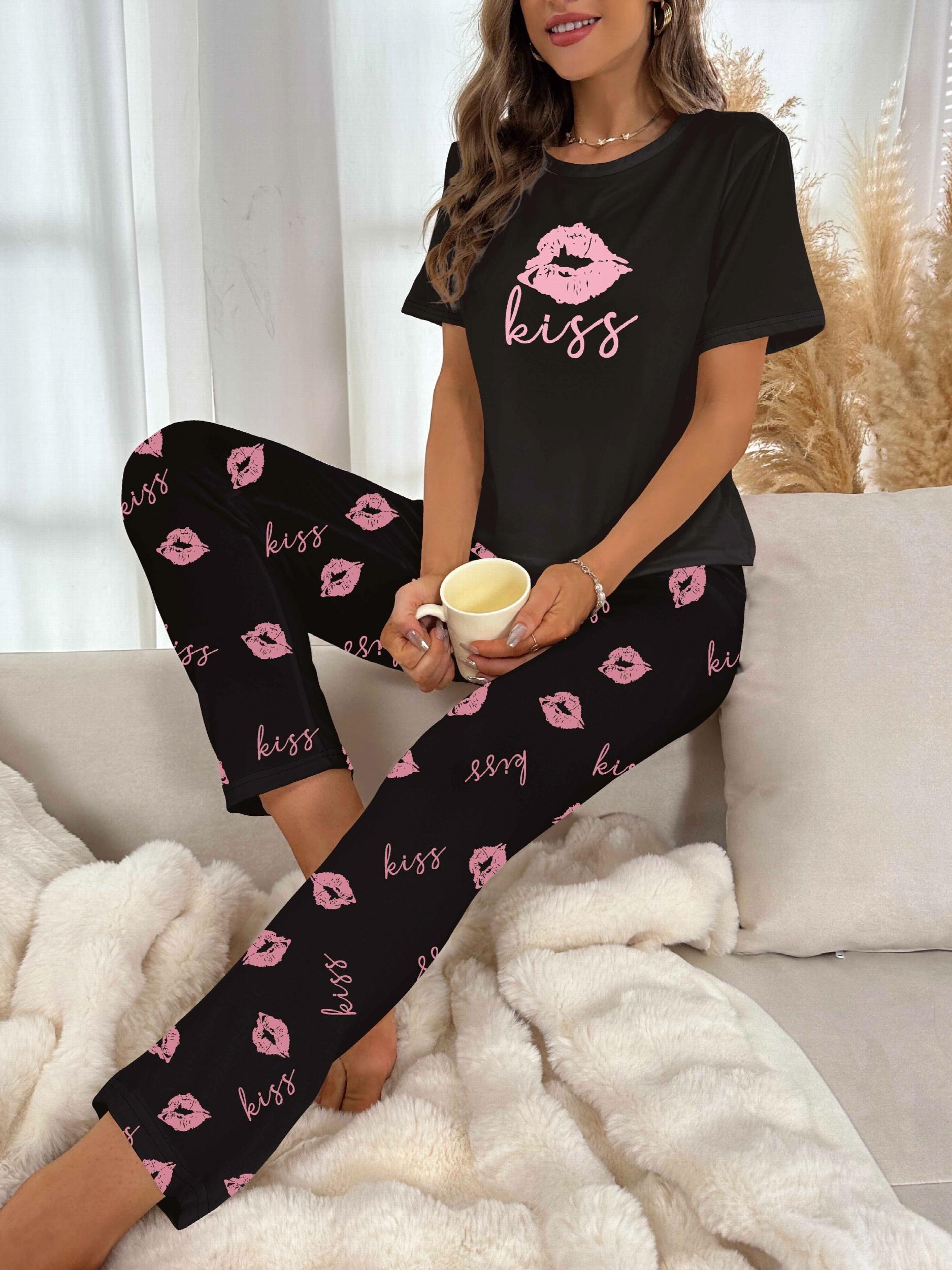 Lips Print Pajama Set Short Sleeve Crew Neck Top & Elastic Waistband Pants