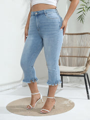Solid Fringe Trim High Stretch Cropped Jeans