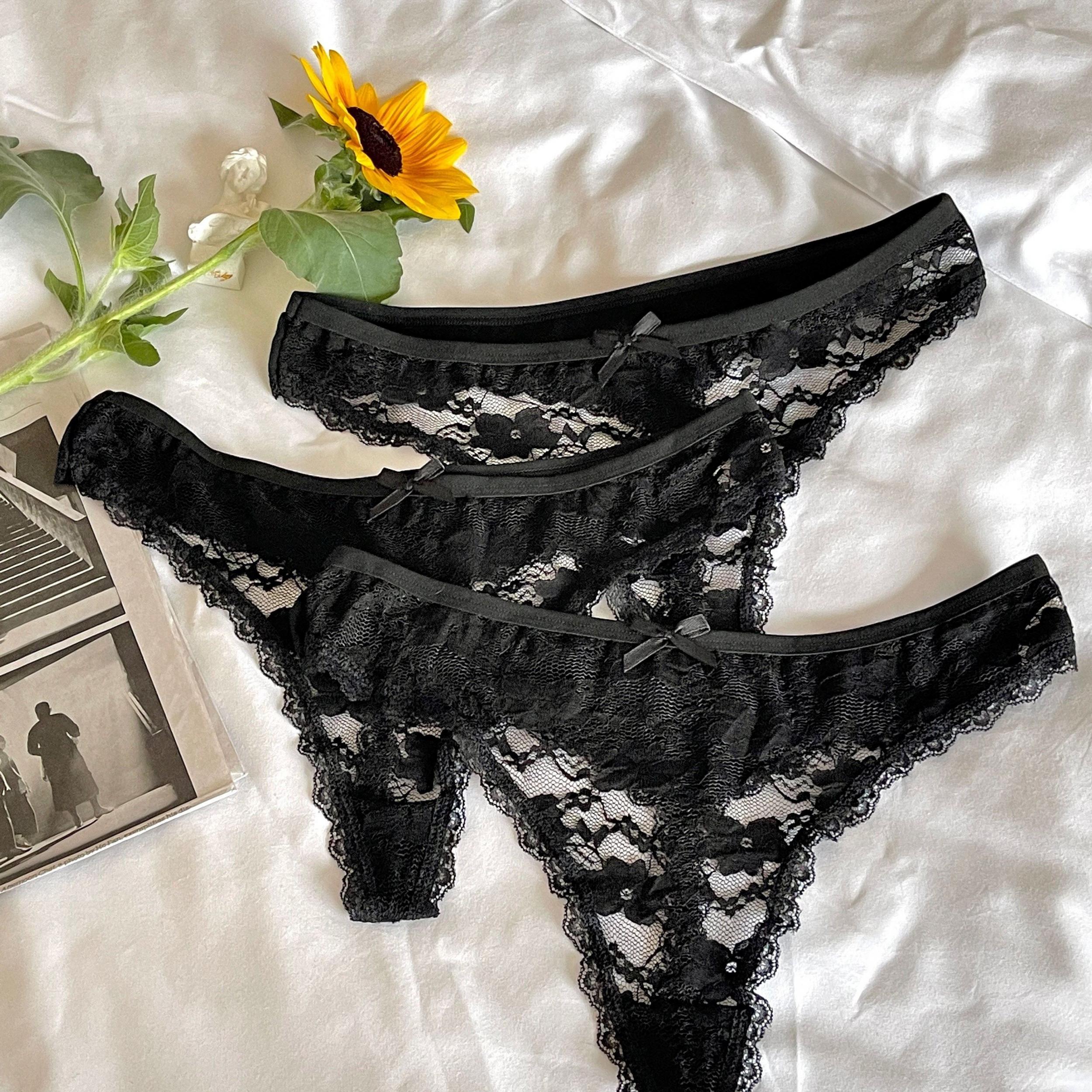 3pcs Floral Lace Mesh Thongs Comfy Intimates Panties Women's Lingerie