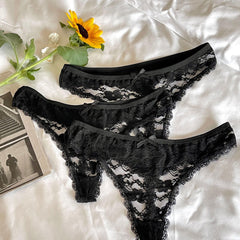 3pcs Floral Lace Mesh Thongs Comfy Intimates Panties Women's Lingerie