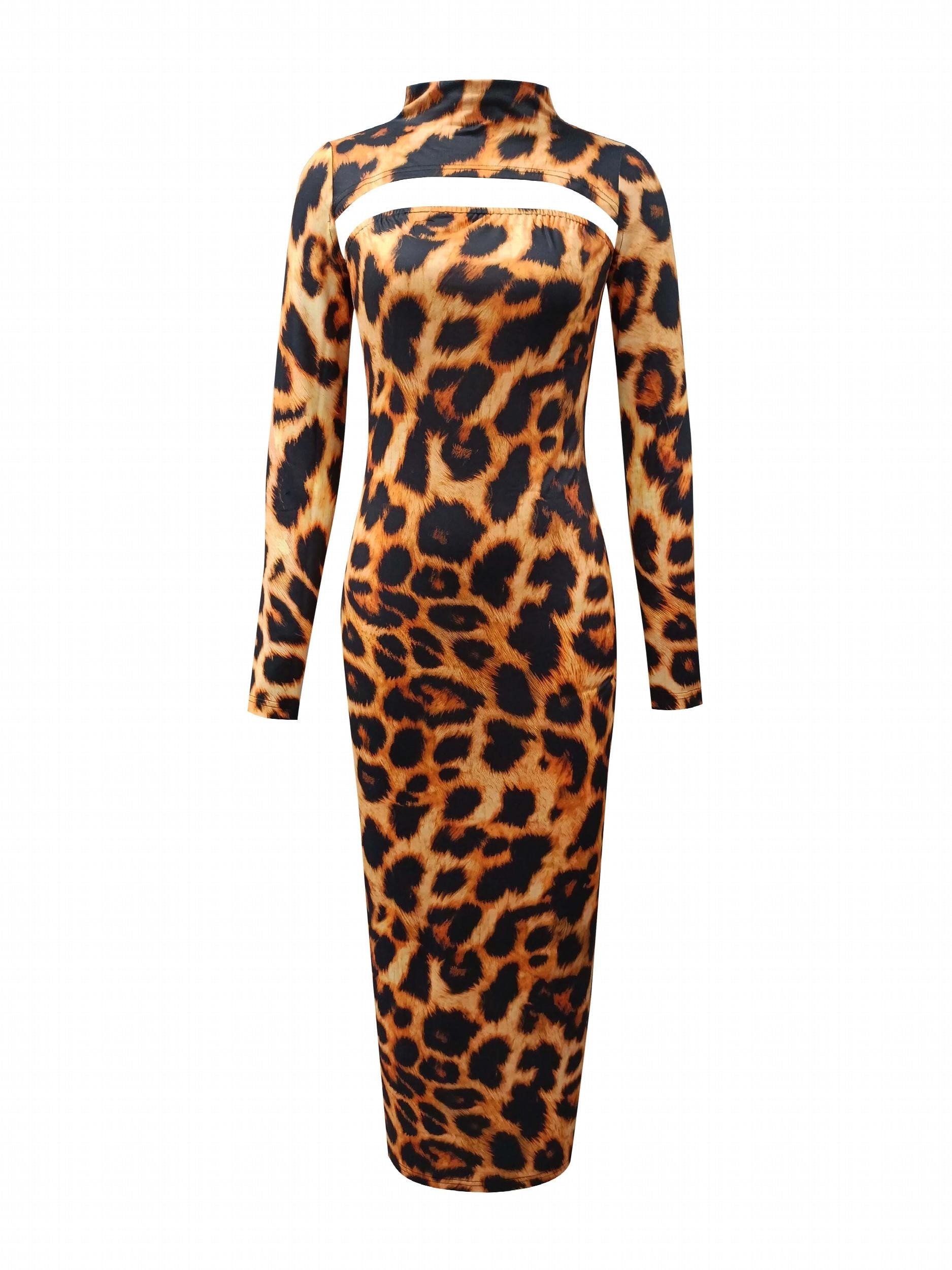Leopard Print Sexy 2pc Set Mock Neck Crop Tops & Maxi