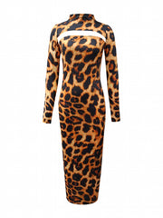 Leopard Print Sexy 2pc Set Mock Neck Crop Tops & Maxi