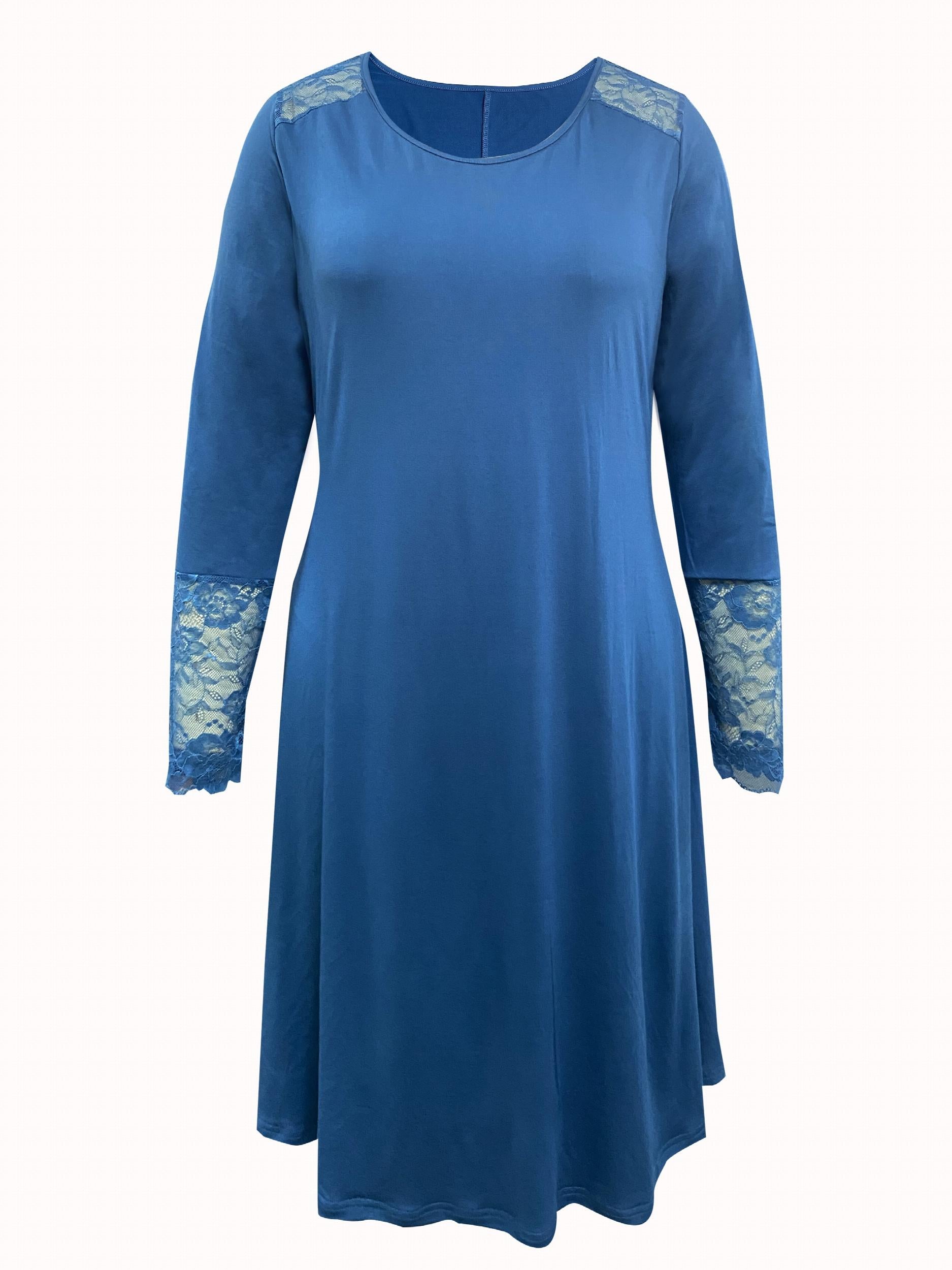Casual Dress Women's Plus Solid Contrast Lace Long Sleeve Dress
