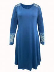Casual Dress Women's Plus Solid Contrast Lace Long Sleeve Dress