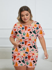 Cat & Leaf Print Tee & Shorts Pajama 2 Piece Set