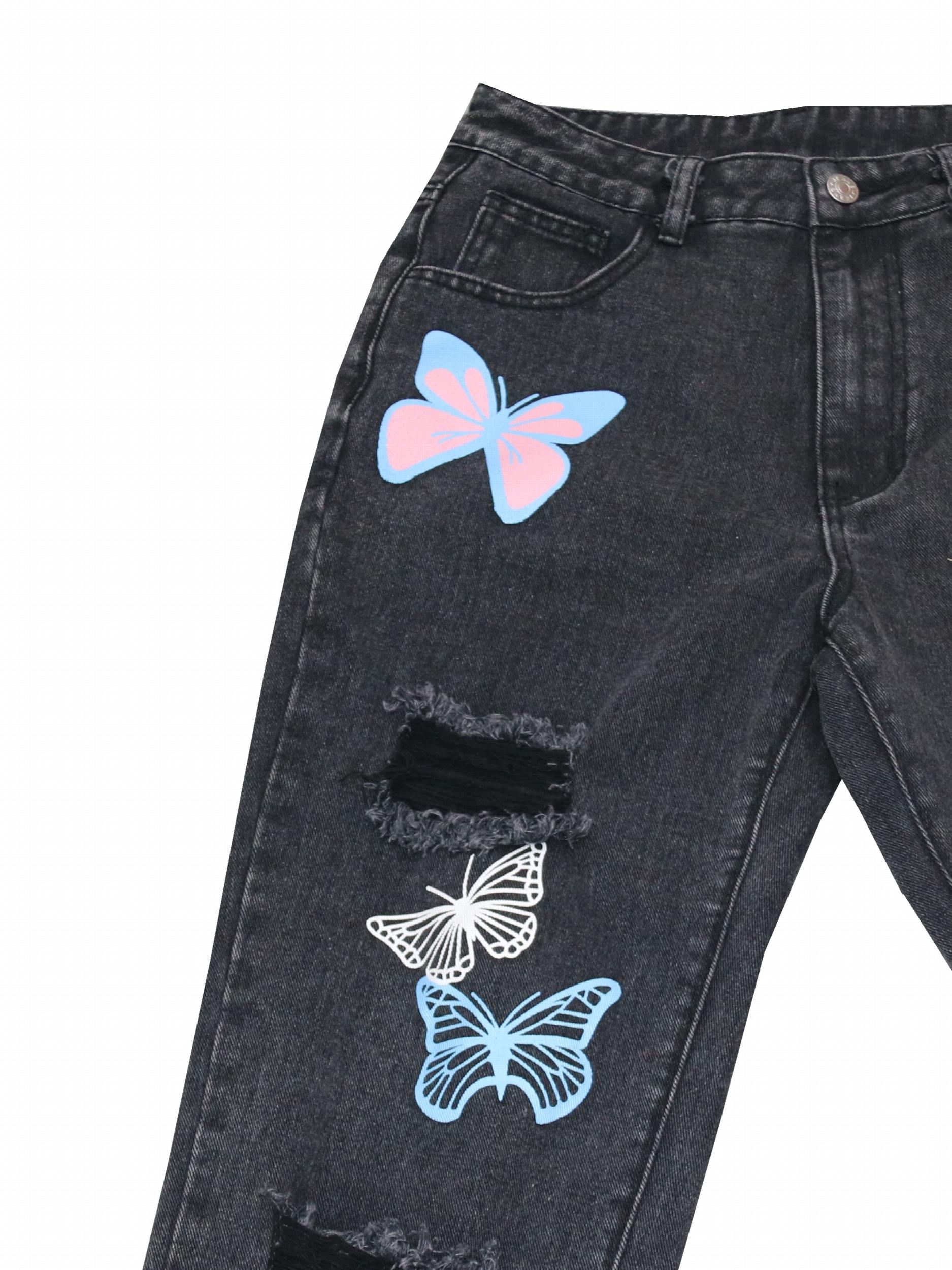 Butterfly Print Ripped Hole Straight Jeans Non Stretch