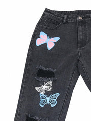 Butterfly Print Ripped Hole Straight Jeans Non Stretch