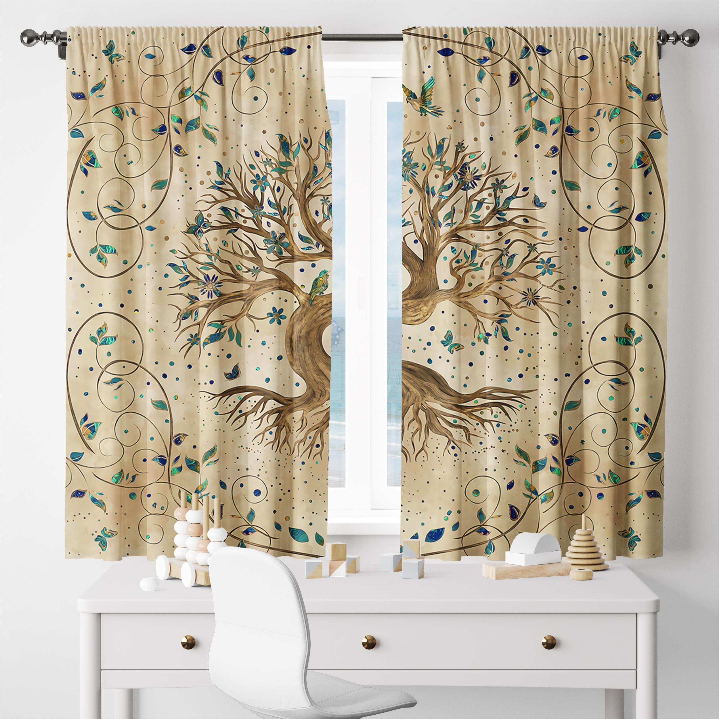 2pc Yellow Tree of Life Pattern Curtains with Pillowcase - Rod Pocket Style