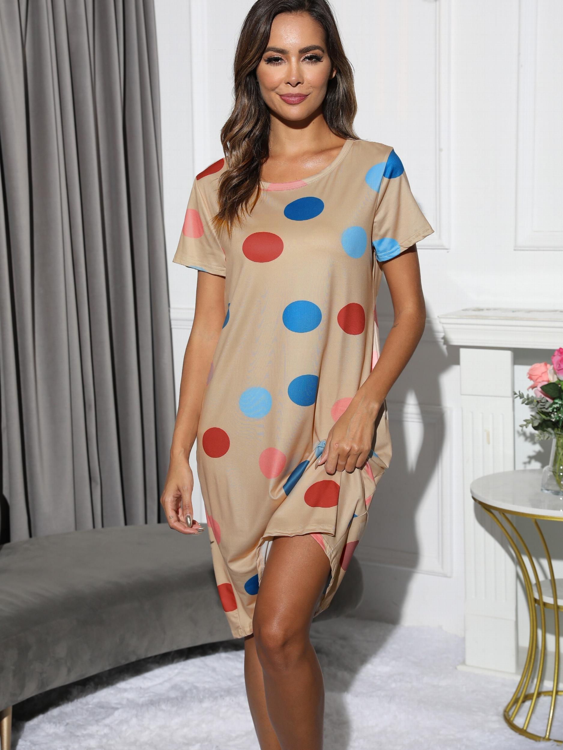 Polka Dot Print Nightdress Crew Neck Short Sleeve Sleep Dress Women's Sleepwear
