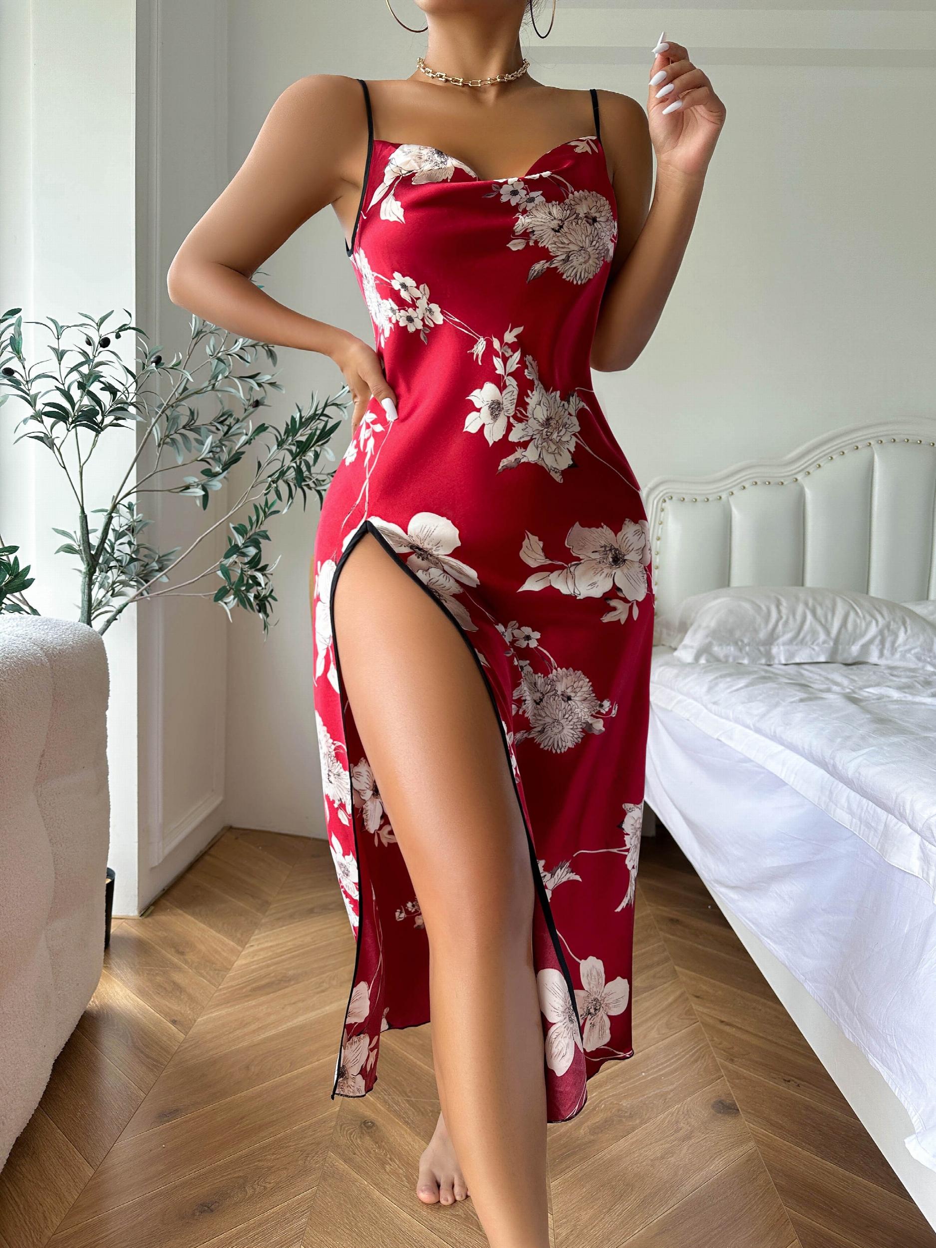 Floral Print Backless Nightdress V Neck High Split Spaghetti Strap Sleep Dress