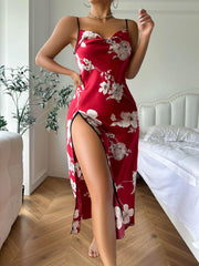 Floral Print Backless Nightdress V Neck High Split Spaghetti Strap Sleep Dress