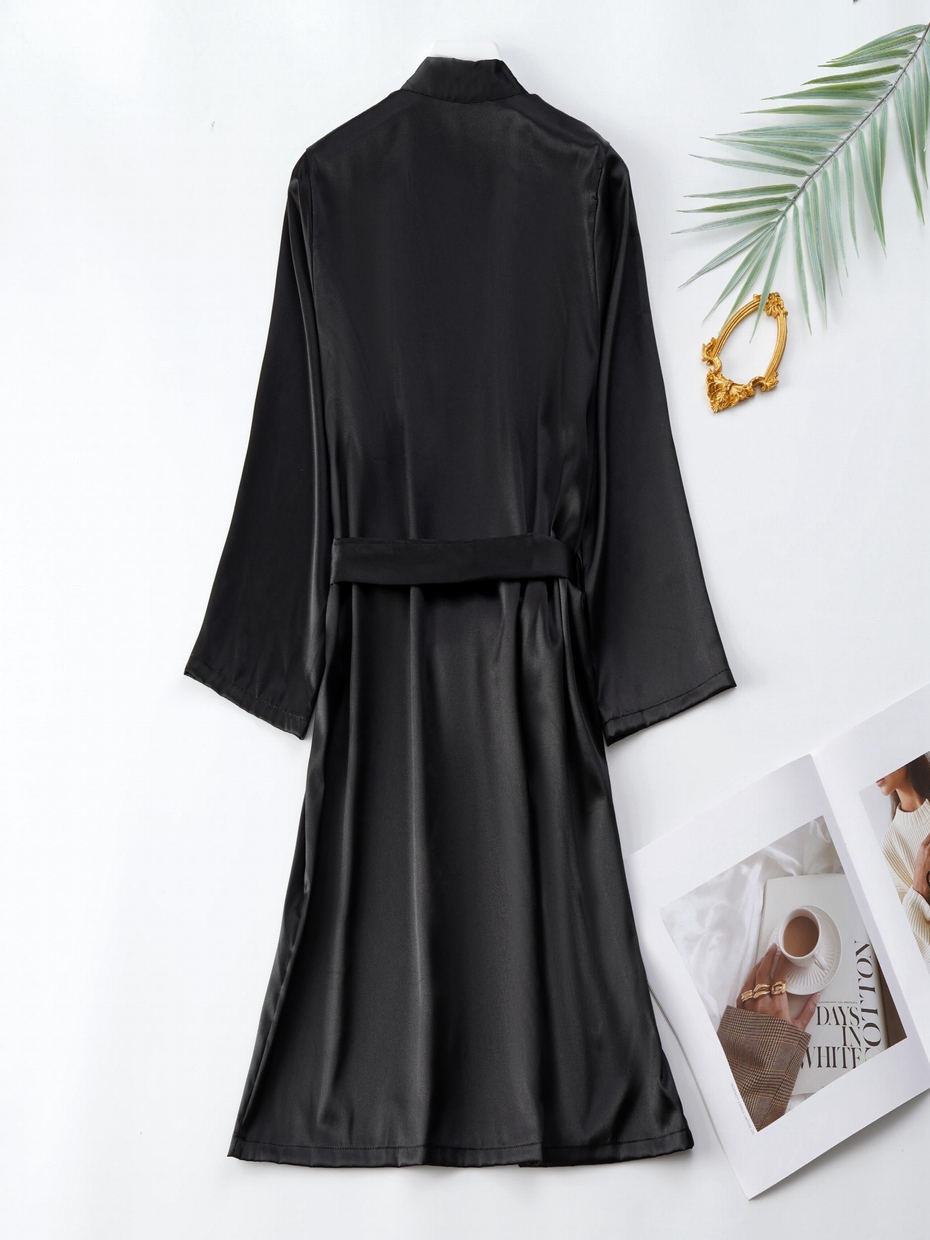 Satin Long Sleeve V Neck Robe with Belt