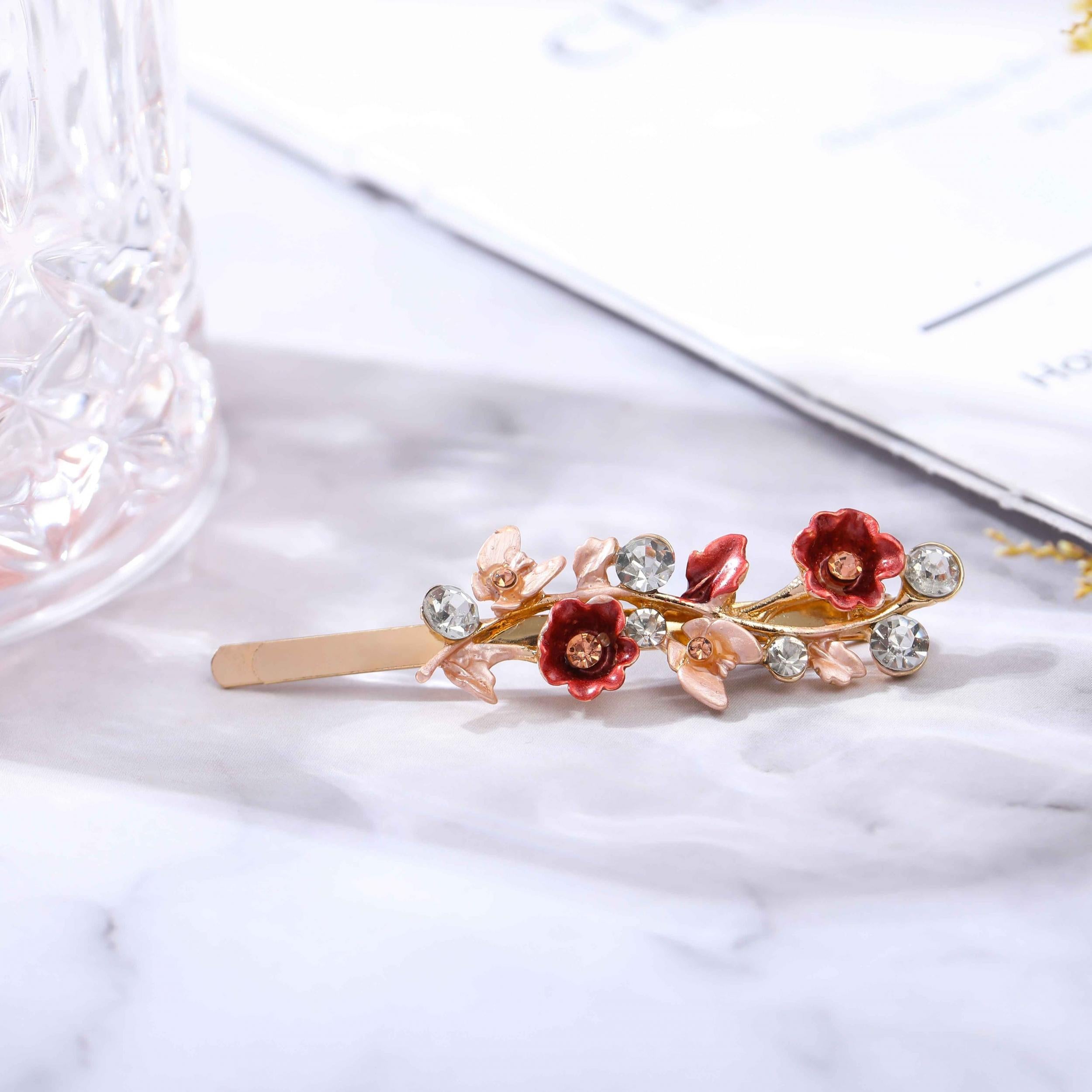 Alloy Flower Edge Clip Retro Style Plant Bangs Clip Rhinestone Clips