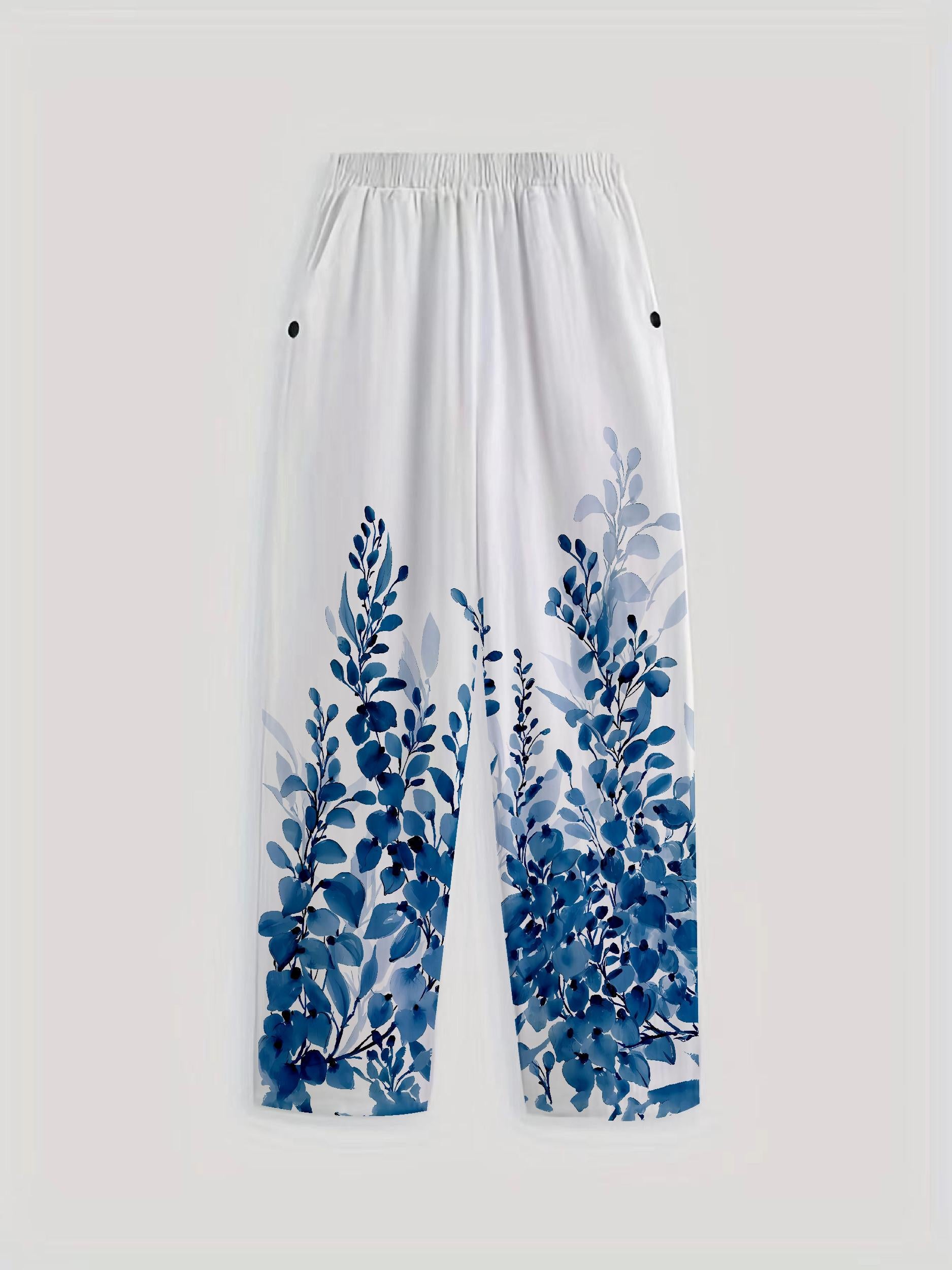 Leaf Print Elastic Waist Straight Leg Pants